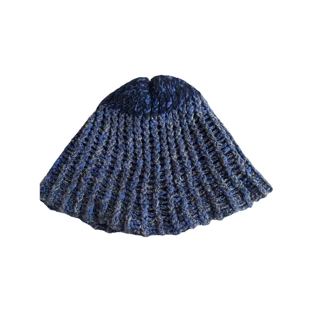 Handmade Blue Marled Knit Beanie Hat Crochet Winter Cap Two Tone Ribbed Unisex